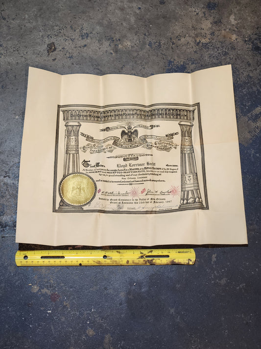 1947 Scottish Rite 32° Masonic Certificate – New Orleans + Leather Folder