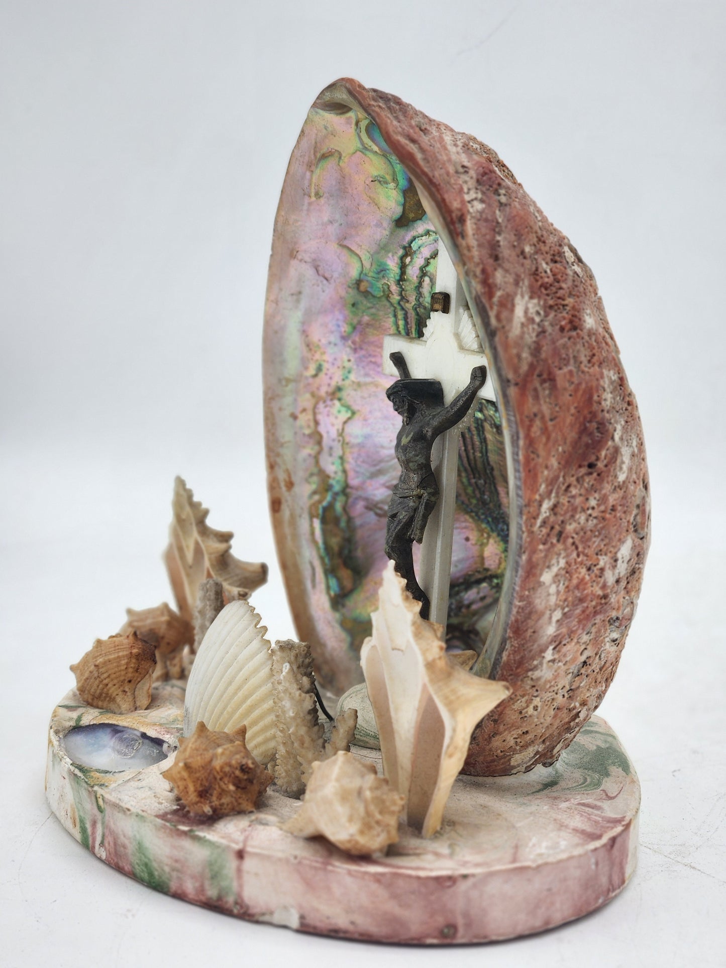 Vintage Seashell Abalone Shell Crucifix Shrine Grotto Jesus Folk Art Marbleized