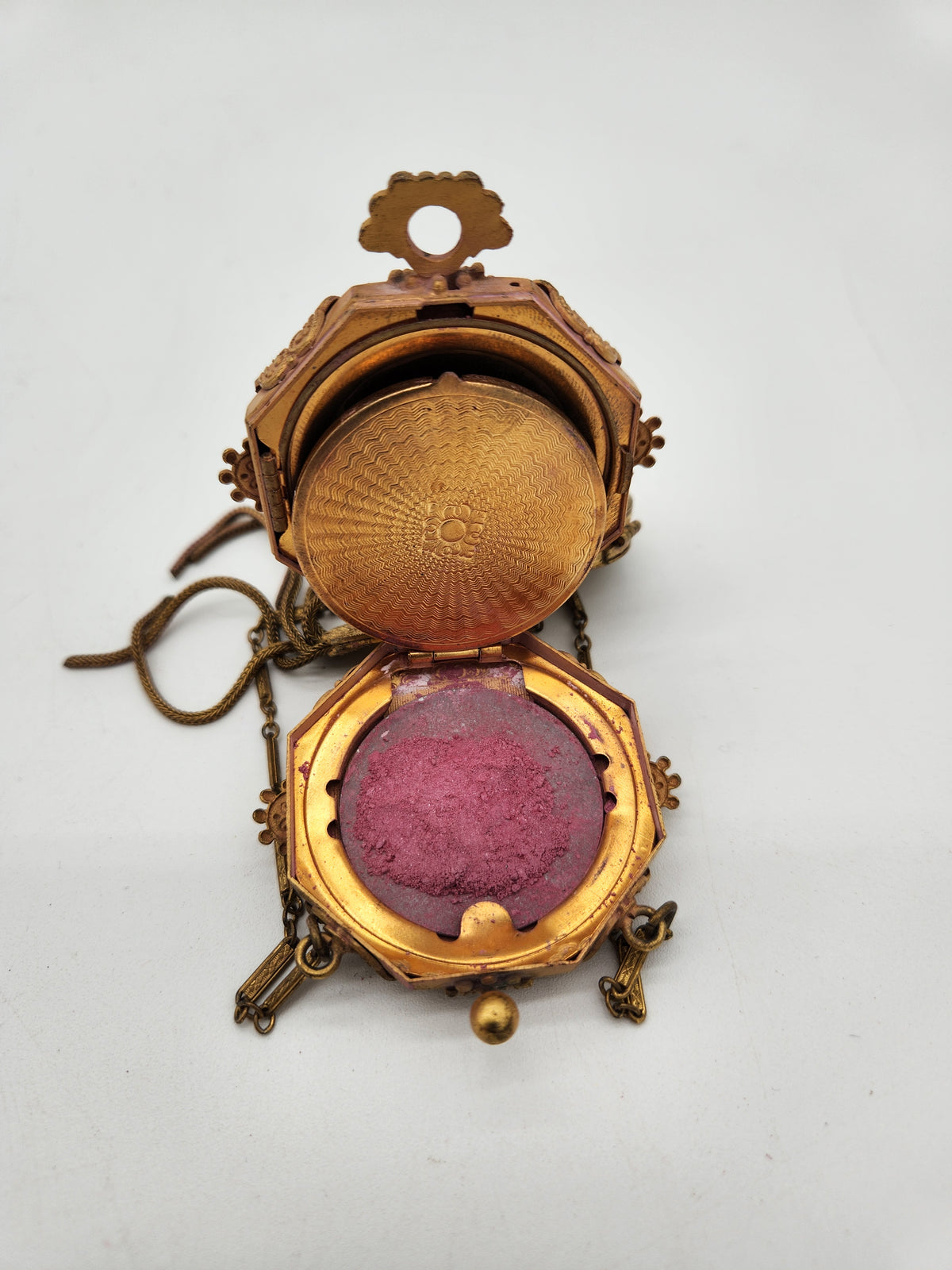 Antique 1920s Art Deco Dance Compact Wristlet Tassel Jeweled Peacock Locket Rouge