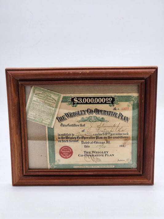 1905 Wrigley Co-Operative Plan Stock Certificate & Profit Sharing Coupon Framed