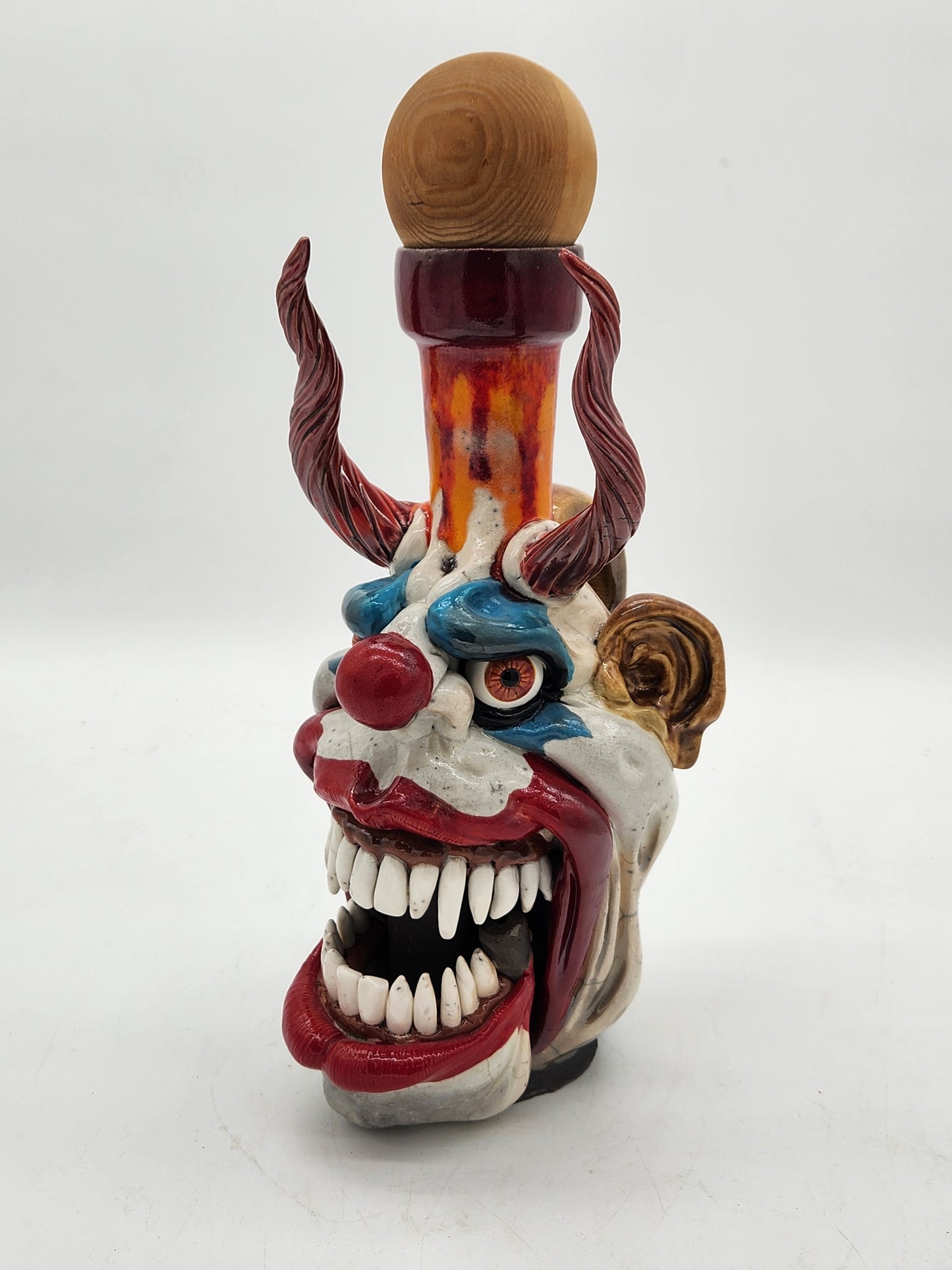 Kinetic Horned Clown Face Jug – Studio Art Pottery Sculpture – Signed “IX” – Mouth Opens – One-of-a-Kind