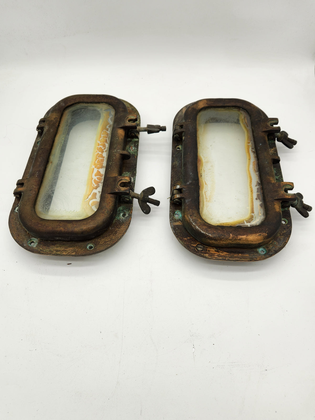 Pair Vintage Solid Bronze Oval Ship Portholes Maritime Boat Port Light Windows Salvage