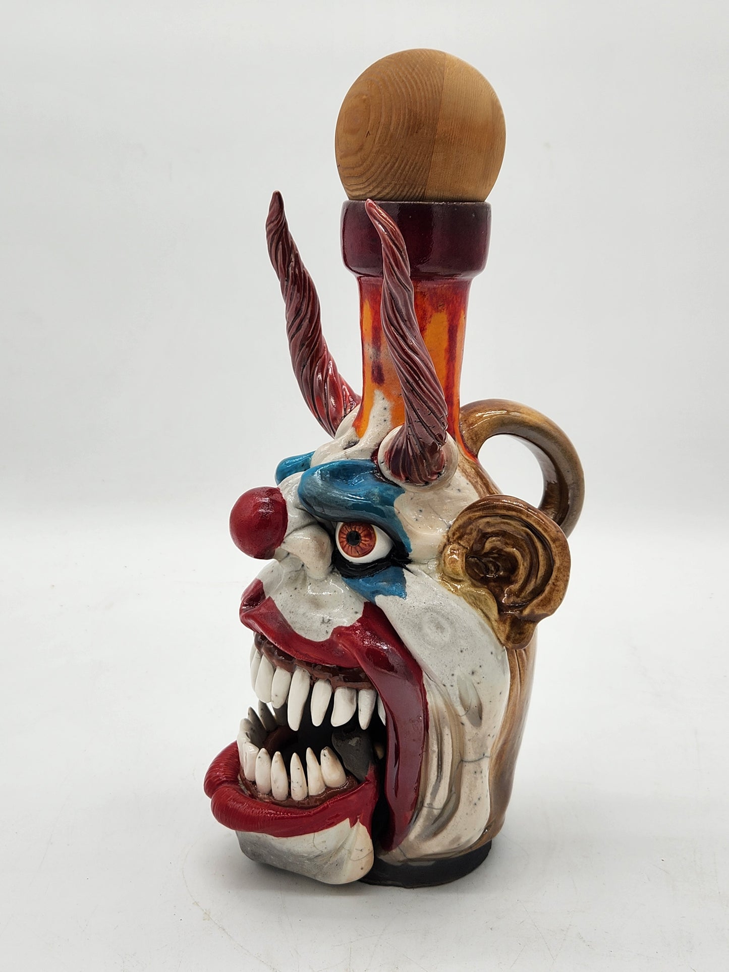 Kinetic Horned Clown Face Jug – Studio Art Pottery Sculpture – Signed “IX” – Mouth Opens – One-of-a-Kind