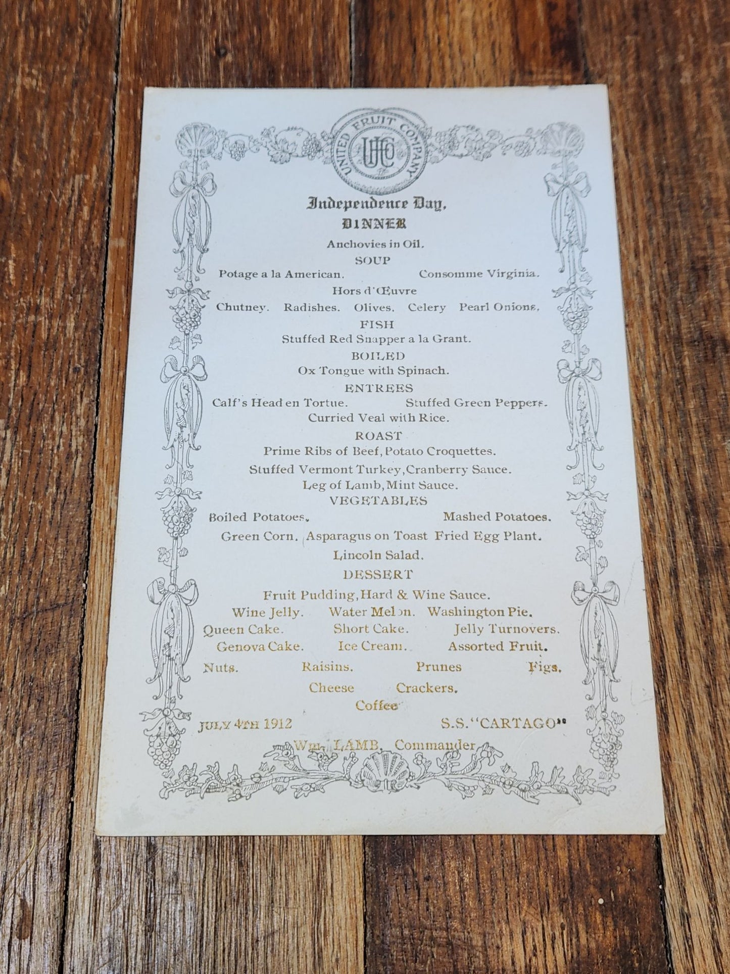 1912 United Fruit Company, Independence Day Dinner Menu