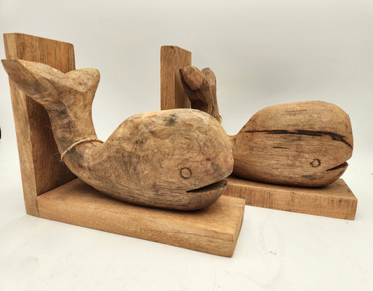 Pair of Carved Wood Whale Bookends