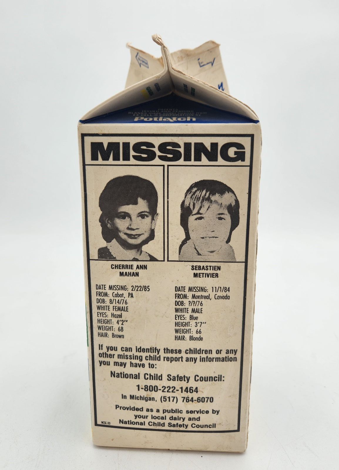 Schwegmann's MilkCarton Missing 80's Kids (Boy/Girl)