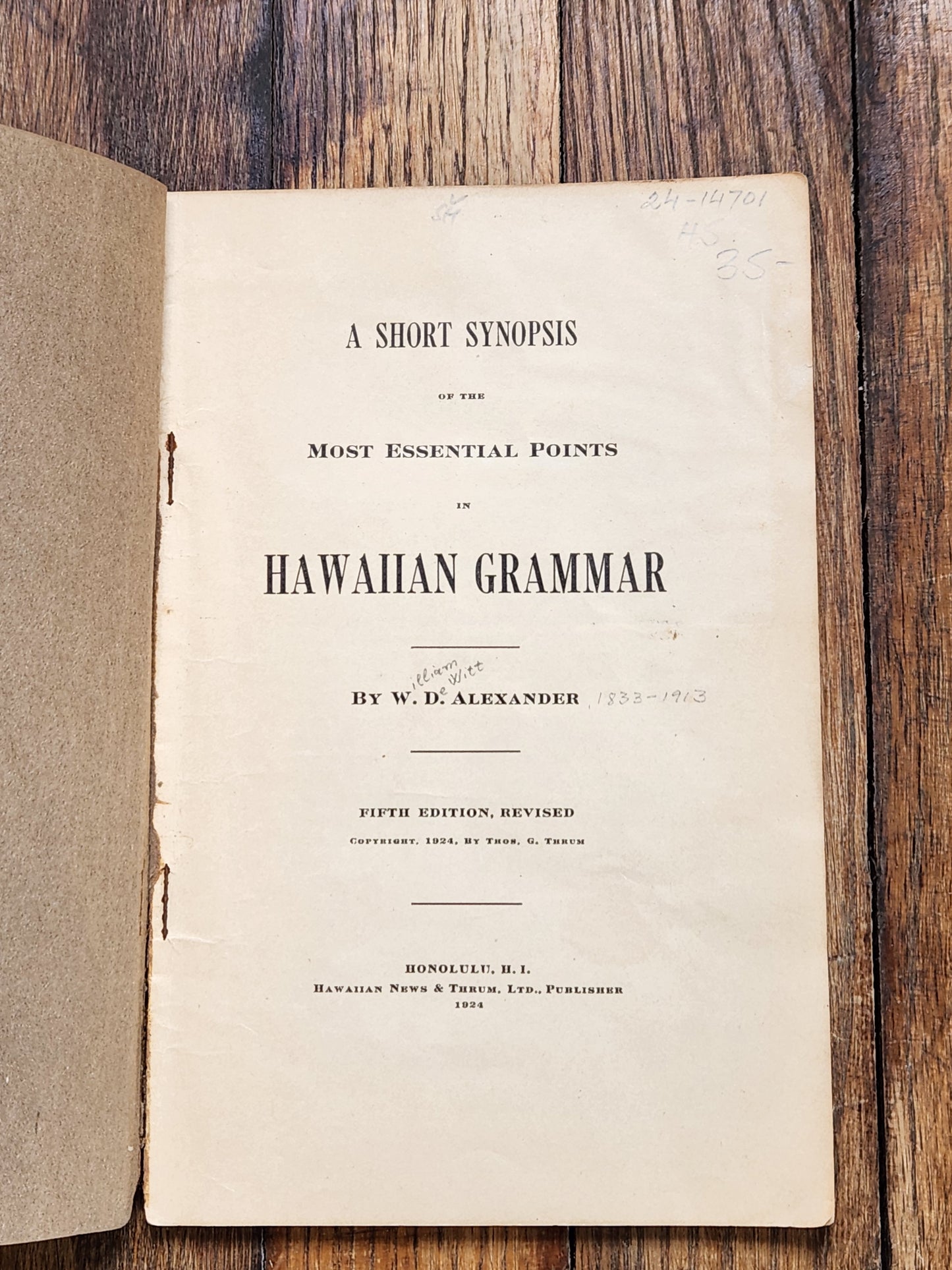 1924 A Short Synopsis of Hawaiian Grammar — W.D. Alexander — 5th Revised Edition Thrum, Honolulu