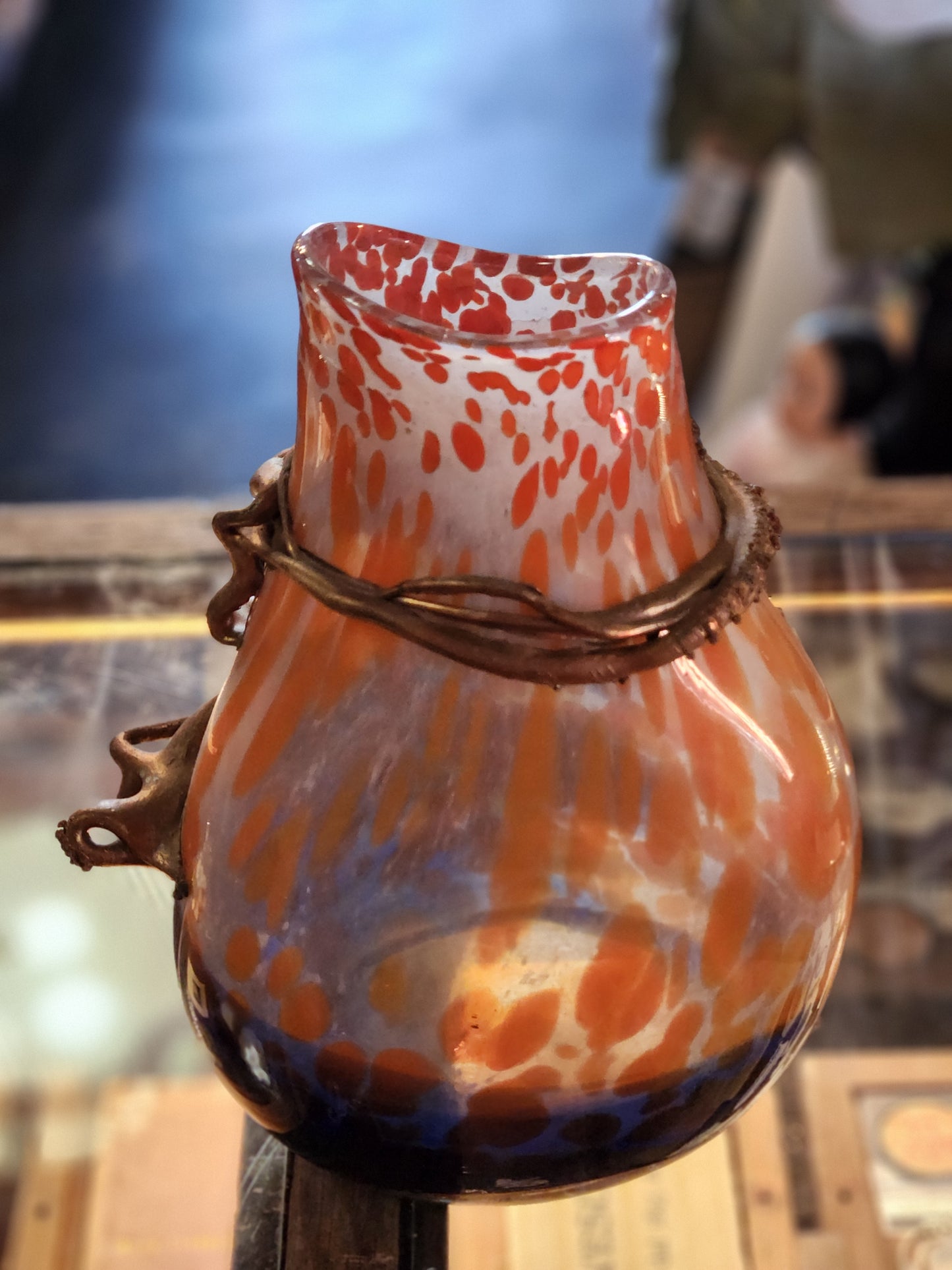 Art Nouveau Art Glass Vase w Bronze Vine Mount 10” Cobalt Blue Orange Frit c1900