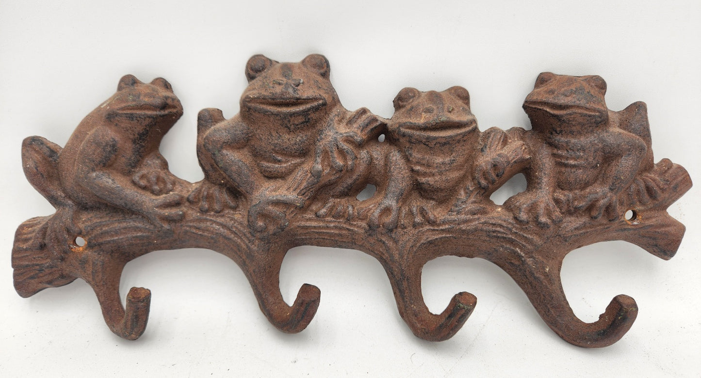 Vintage Cast Iron 4 frogs on a log Wall Hook