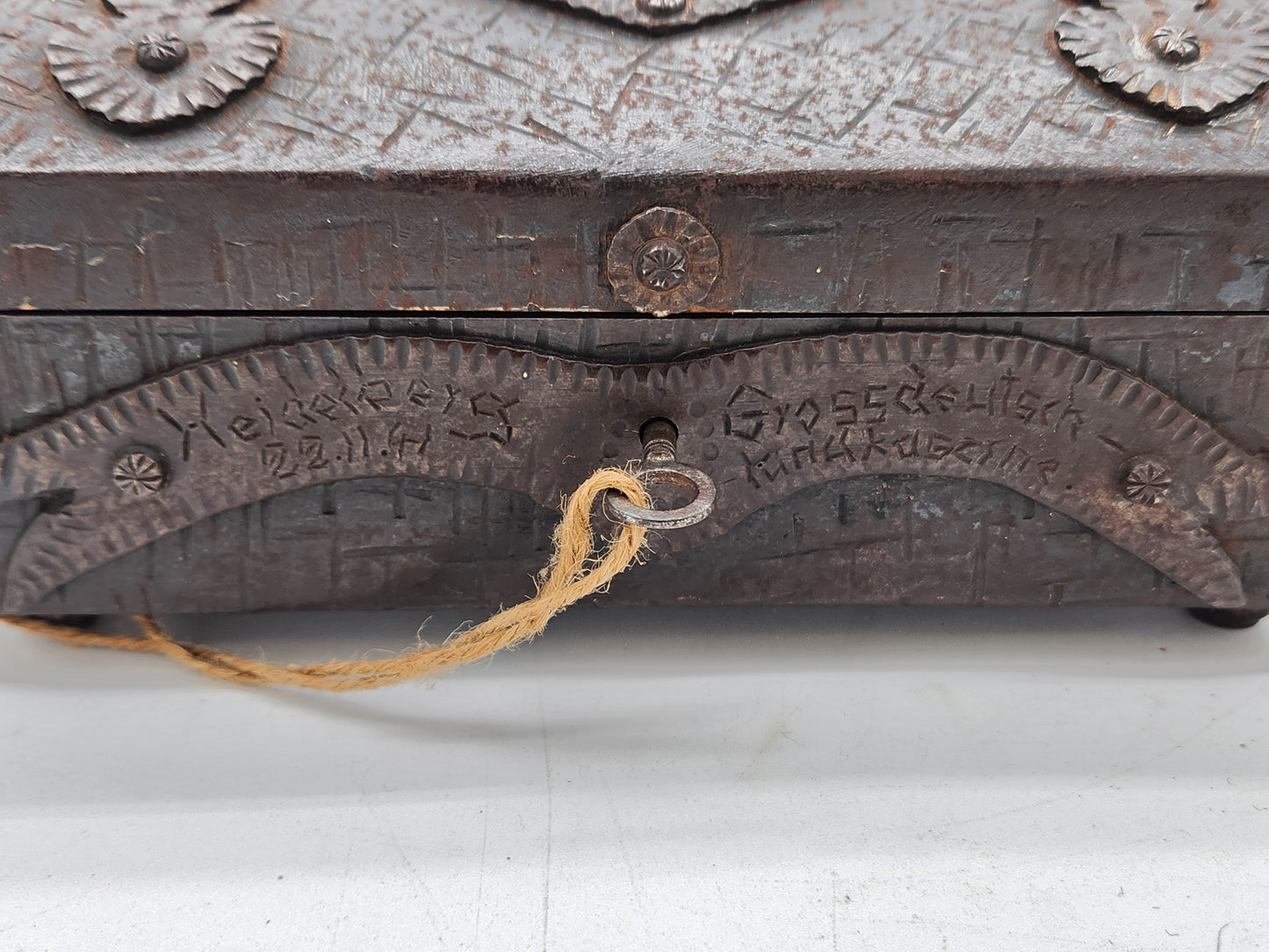 WWII German Trench Art Iron Box 1942 Heidelberg Etched Heart Sweetheart Casket 110th Inf HQ