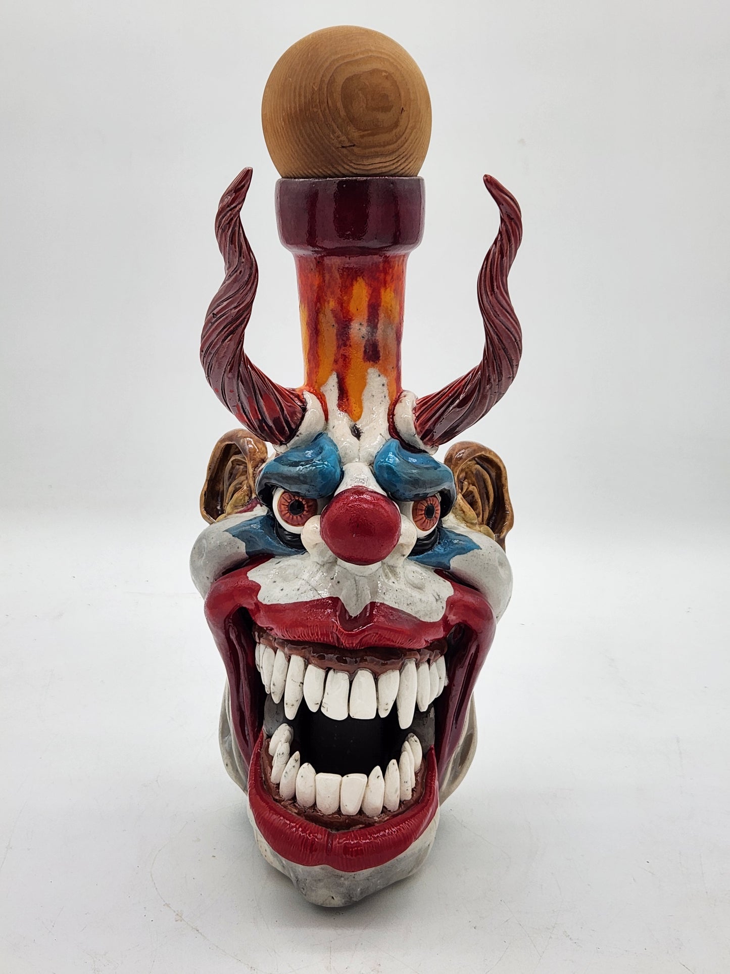 Kinetic Horned Clown Face Jug – Studio Art Pottery Sculpture – Signed “IX” – Mouth Opens – One-of-a-Kind