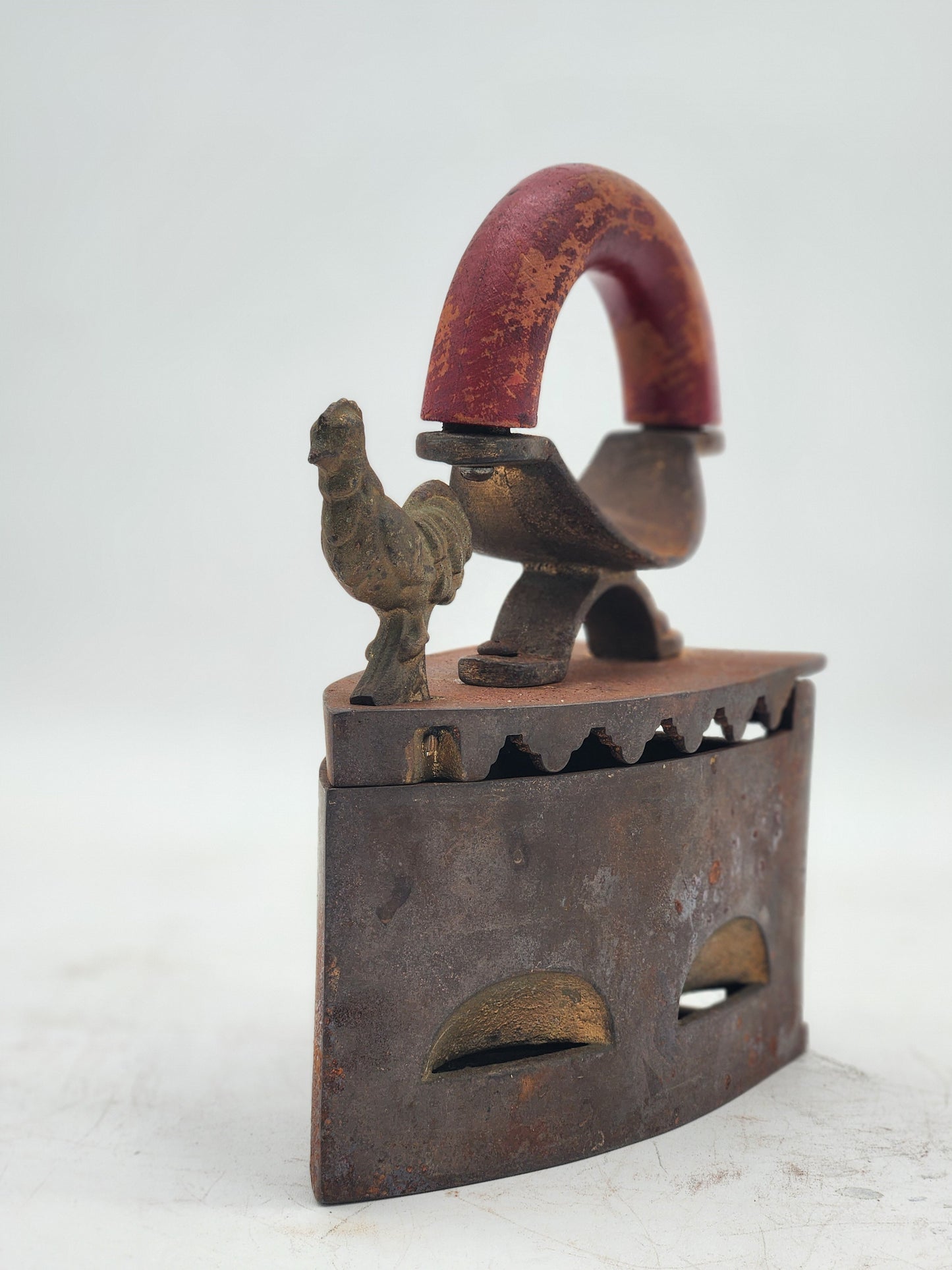 Antique Cast Iron Charcoal Box Sad Iron Rooster Latch Red Wood Handle Heat Shield
