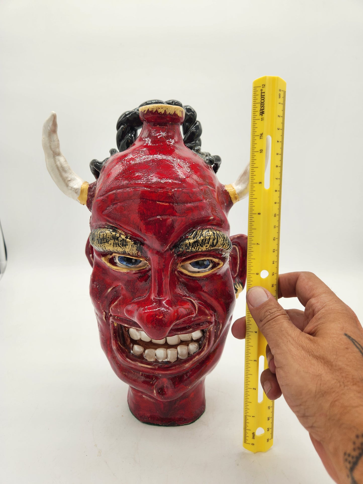 One-of-a-Kind Devil Face Jug Ceramic Sculpture Folk Art Pottery Red Glazed - Horns - Southern Style