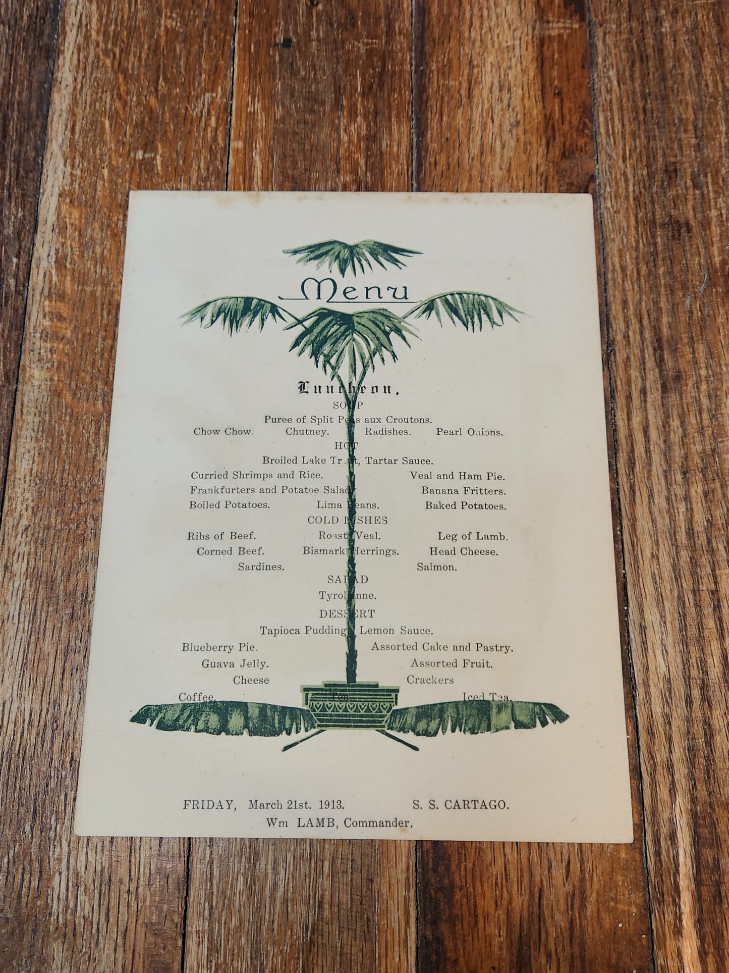 Steamship Cartago March 21st 1913 United Fruit Company Luncheon Menu