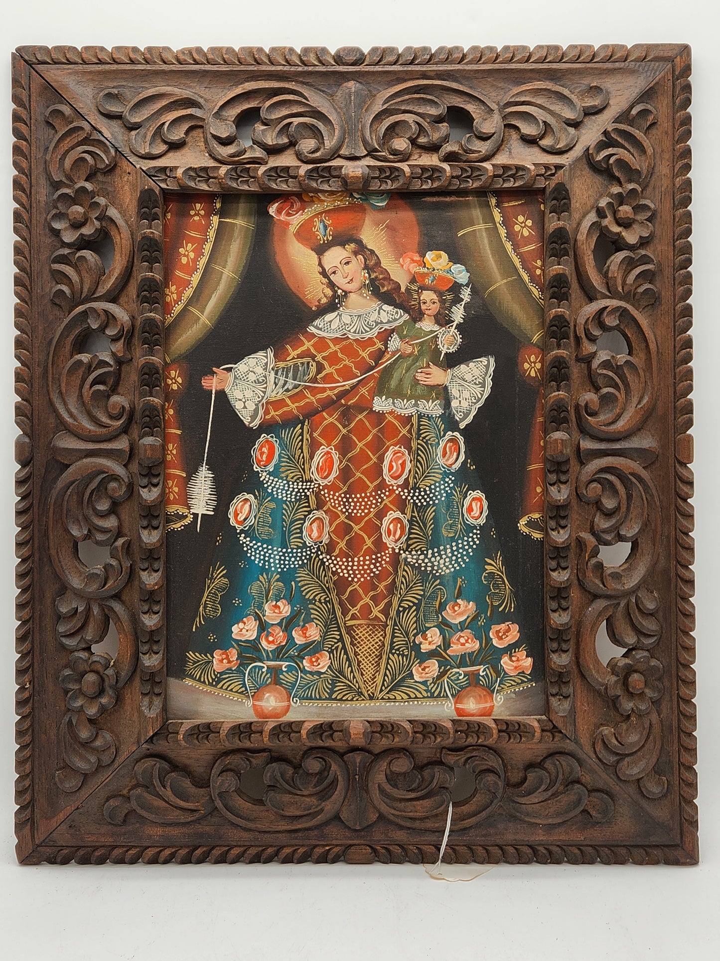 Antique Cuzco School Oil Painting Virgin Mary & Child Spinning Spindle With Ornate Frame