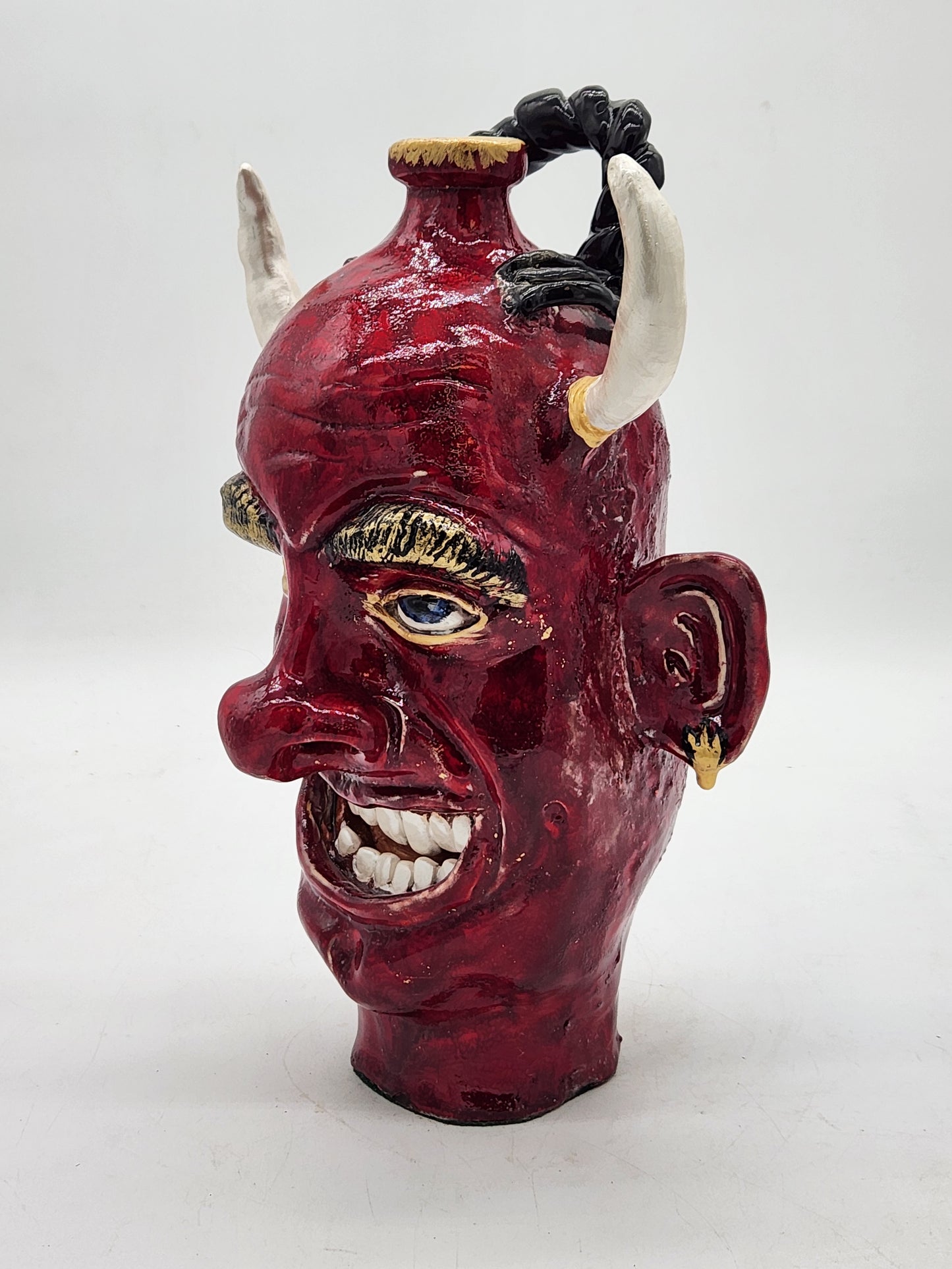 One-of-a-Kind Devil Face Jug Ceramic Sculpture Folk Art Pottery Red Glazed - Horns - Southern Style