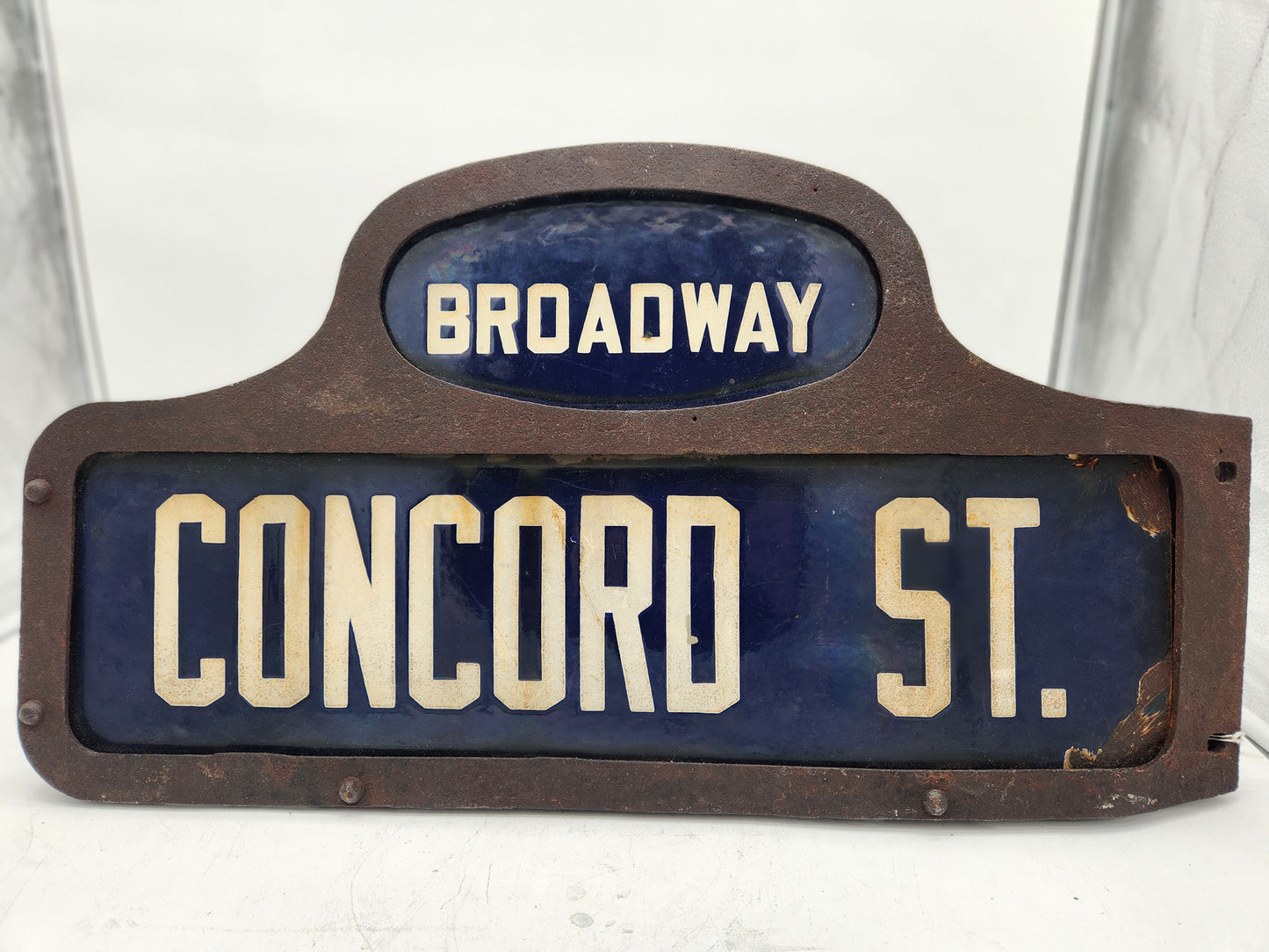 Antique Porcelain Street Sign BROADWAY CONCORD ST Cast Iron Humpback Corner