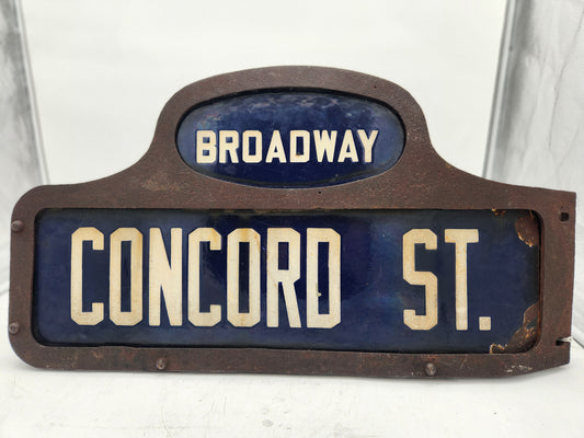 Antique Porcelain Street Sign BROADWAY CONCORD ST Cast Iron Humpback Corner