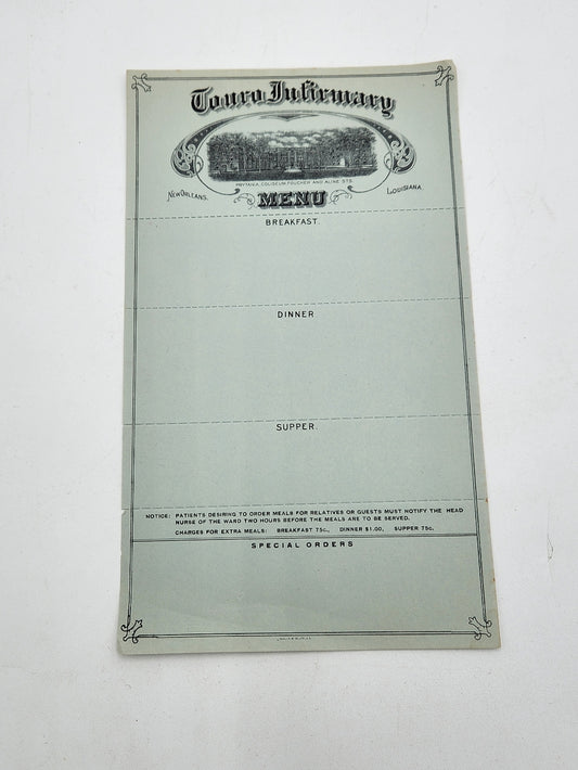 Mid Century Touro Infirmary New Orleans Menu Order Sheets for Patients (Blue)