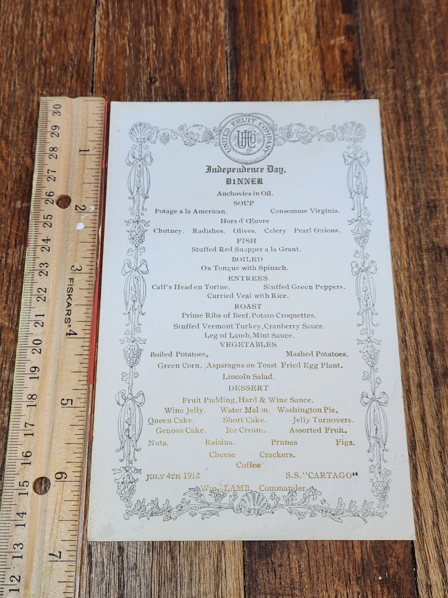 1912 United Fruit Company, Independence Day Dinner Menu