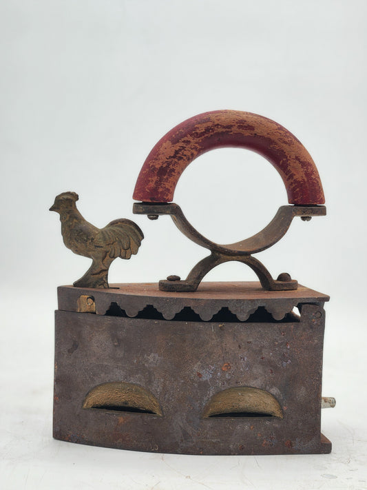 Antique Cast Iron Charcoal Box Sad Iron Rooster Latch Red Wood Handle Heat Shield