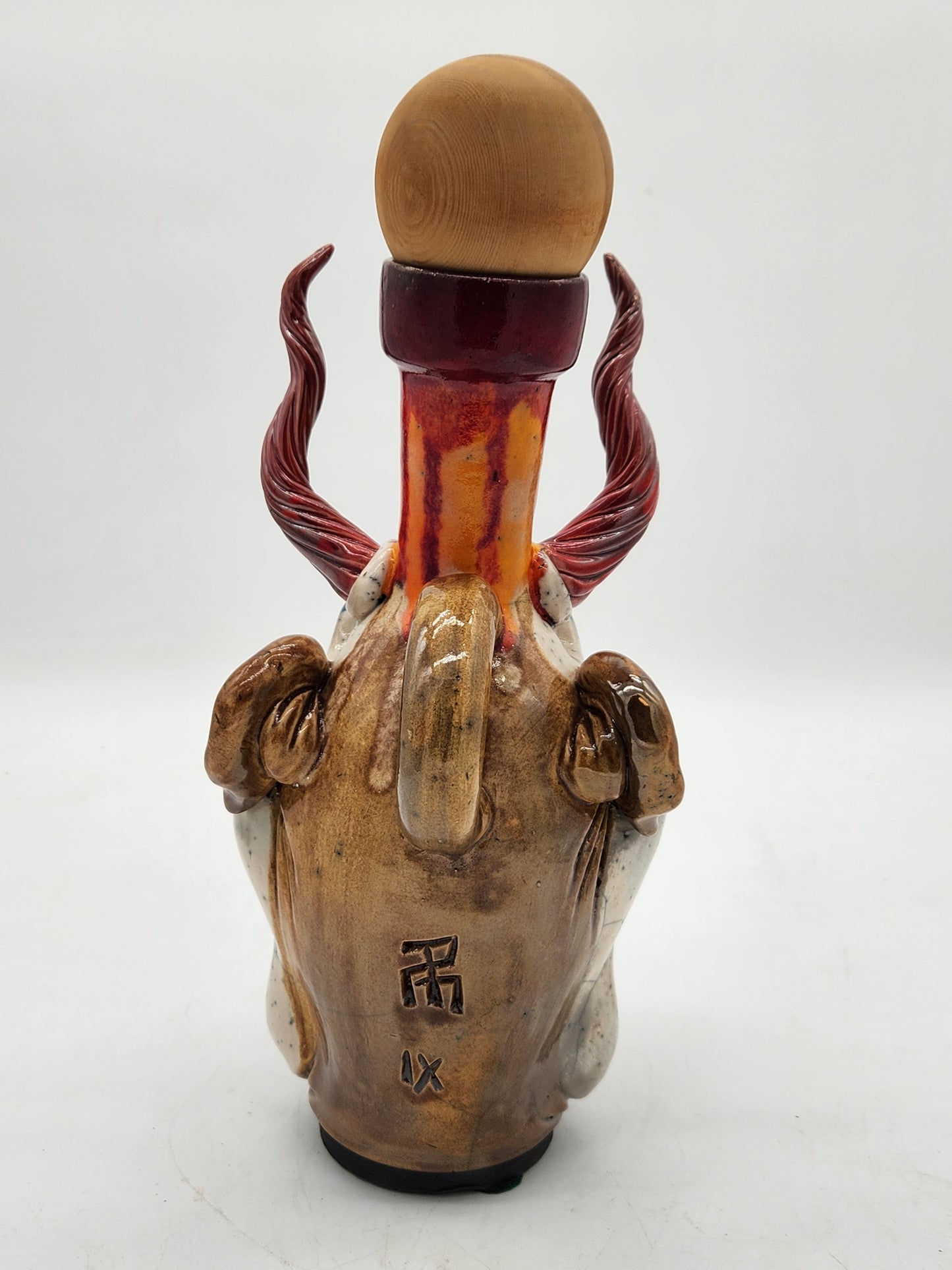 Kinetic Horned Clown Face Jug – Studio Art Pottery Sculpture – Signed “IX” – Mouth Opens – One-of-a-Kind