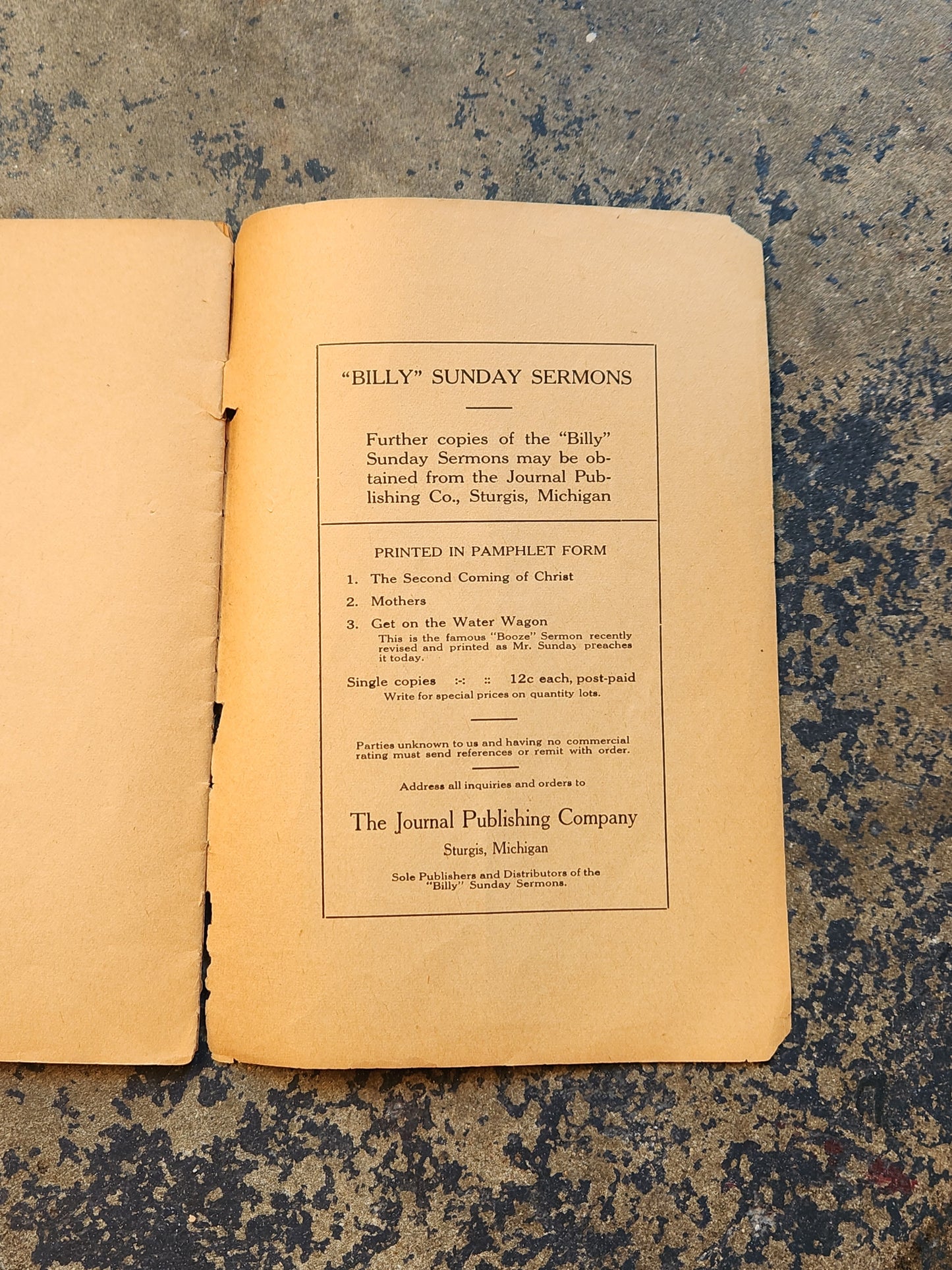 Mother’s Sermon by Billy Sunday – 1907 Journal Publishing Co. Sturgis MI – Early Evangelist Pamphlet