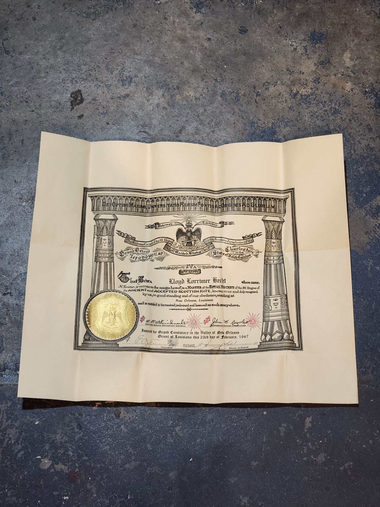 1947 Scottish Rite 32° Masonic Certificate – New Orleans + Leather Folder