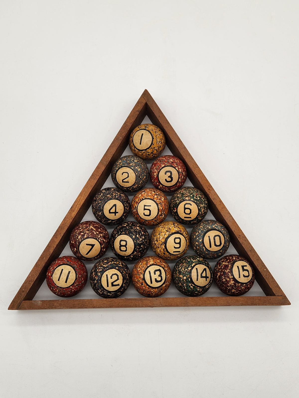 Antique Hyatt Composition Marbled Granitoid Pool Billiard Balls Set Wooden Triangle Rack