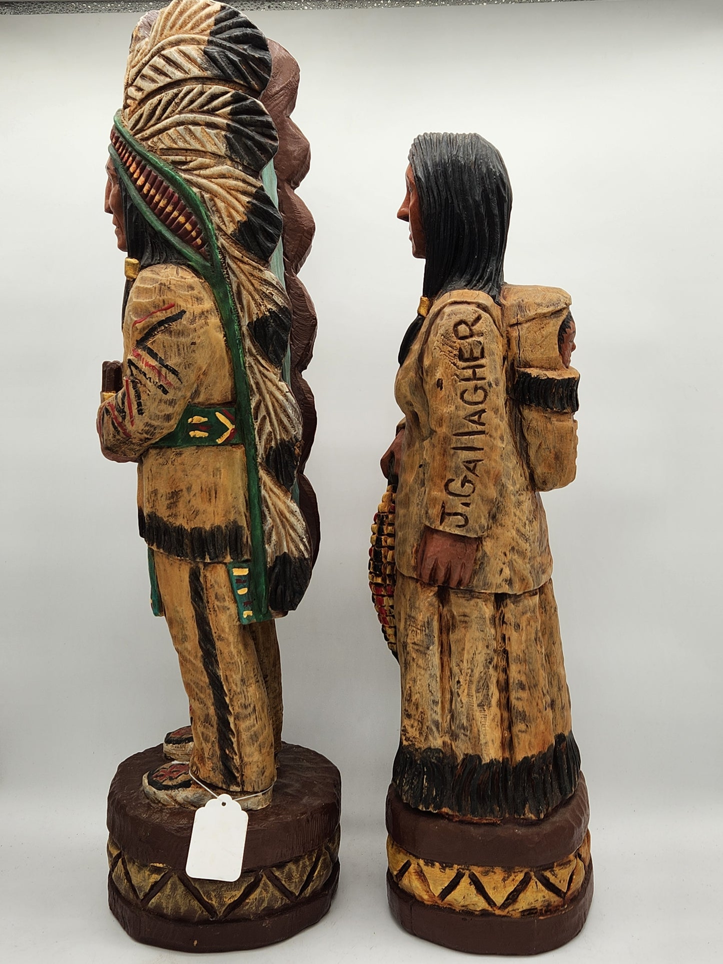 Vintage John Gallagher Signed Wood Carved Native American Chief & Woman Statues Folk Art