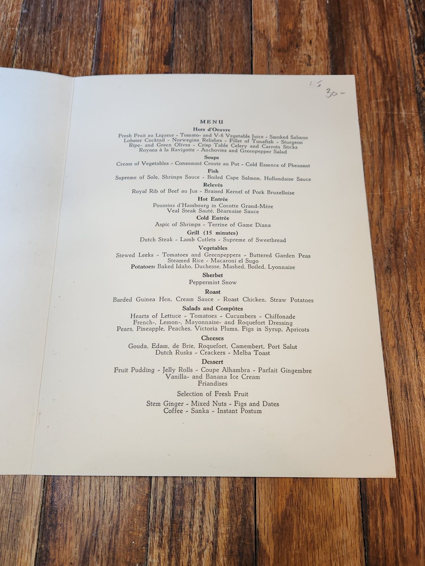 Floral Arrangement Holland-America Line Menu