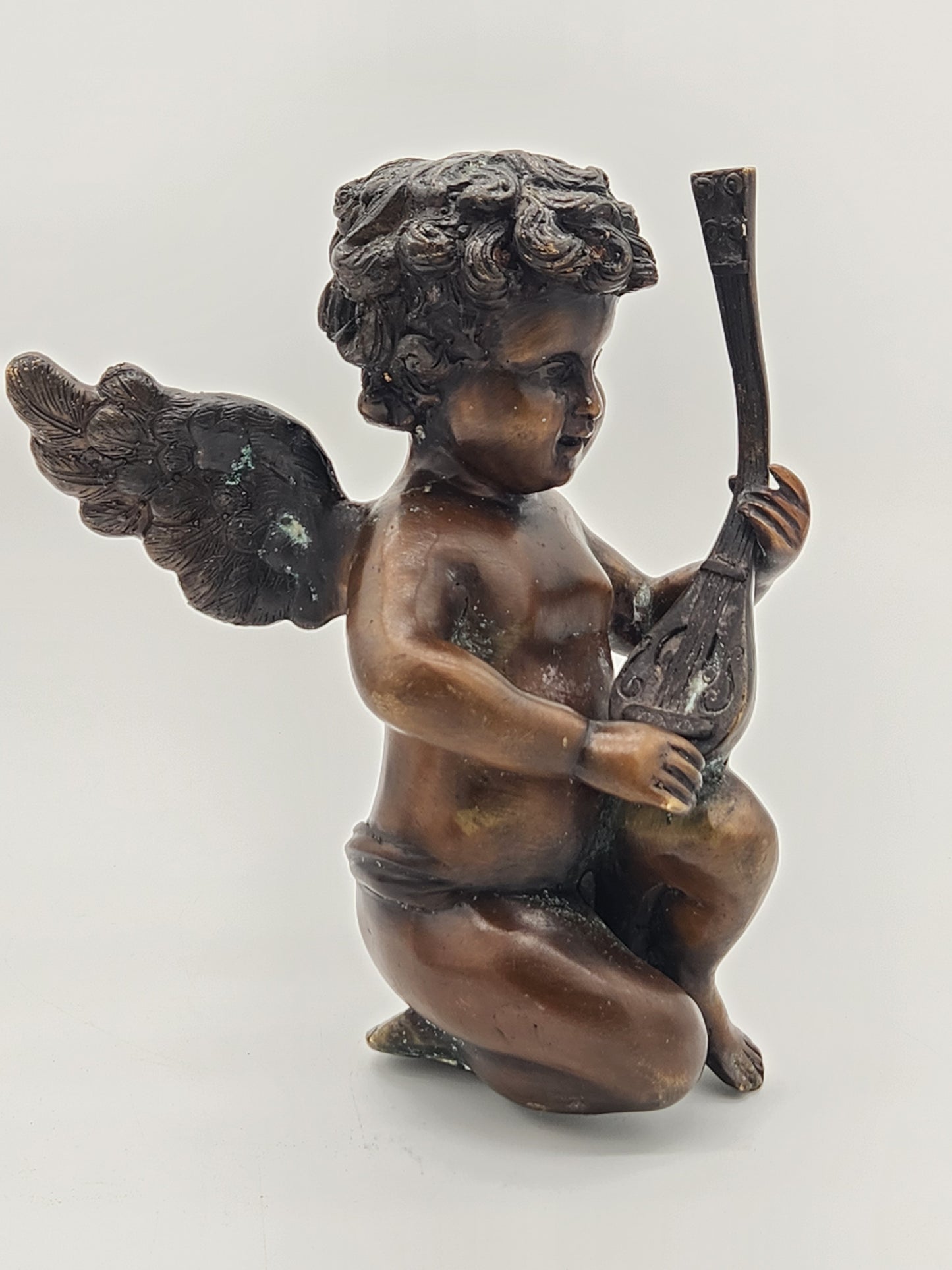 Antique Solid Bronze Kneeling Cherub Putto Clock Topper Ornament Statue 8 Inch