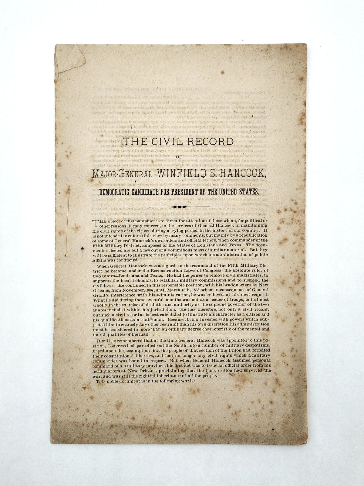 The Civil Record of Major General Winfield S. Hancock